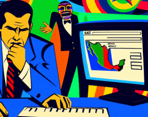 crea imagen en formato landscape donde se muestre fallo en la pagina del sat de mexico. mostrar esa pagina con fallos en la computadora de un contador que se encuentra frustrado porque no puede continuar su trabajo Style: Pop Art