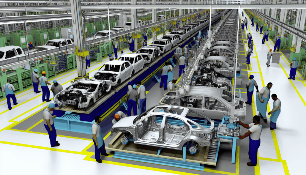 Ajuste anual de la industria de autopartes de comercio exterior. Utiliza imagenes de vehiculos siendo ensamblados en fabricas de mexico