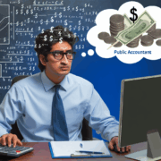 crea una imagen donde muestres a un contador publico mexicano trabajando en su computadora. Sobre su cabeza una nube pensando cuanto debería cobrar de honorarios por sus servicios contables.