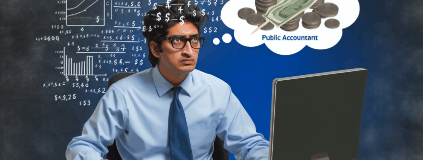 crea una imagen donde muestres a un contador publico mexicano trabajando en su computadora. Sobre su cabeza una nube pensando cuanto debería cobrar de honorarios por sus servicios contables.