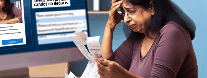 muestra a una persona frente a una computadora haciendo sus impuestos, en la mano tiene muchas facturas que no puede deducir de sus ingresos para hacer el calculo de sus impuestos. Agrega a la imagen el siguiente texto en español: Cosas que en RESICO no puedes deducir. Subject: People.