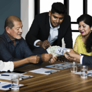 mostrar moneda repartida entre los socios de un negocio. Cada quien tomando su parte de un reparto de dividendos a socios. Utiliza solo personas de raza blanca o latinoamericanos mexicanos realistic photo of, award winning photograph, 50mm
