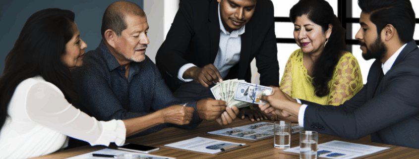 mostrar moneda repartida entre los socios de un negocio. Cada quien tomando su parte de un reparto de dividendos a socios. Utiliza solo personas de raza blanca o latinoamericanos mexicanos realistic photo of, award winning photograph, 50mm
